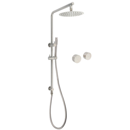 Brushed Nickel 2in1 Shower Set Sliding Rail Arm 8" Round Head Stainless Steel Handheld Twin Taps Valve.