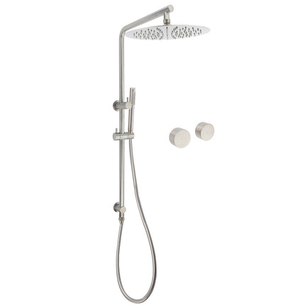 WELS Brushed Nickel Dual Shower Set Sliding Rail Arm 12" Round Head Metal Handheld Twin Taps Valve.