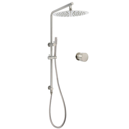 Brushed Nickel Dual Shower Set Sliding Rail Arm 12" Round Head Handheld Hot Cold Control Mixer Valve.