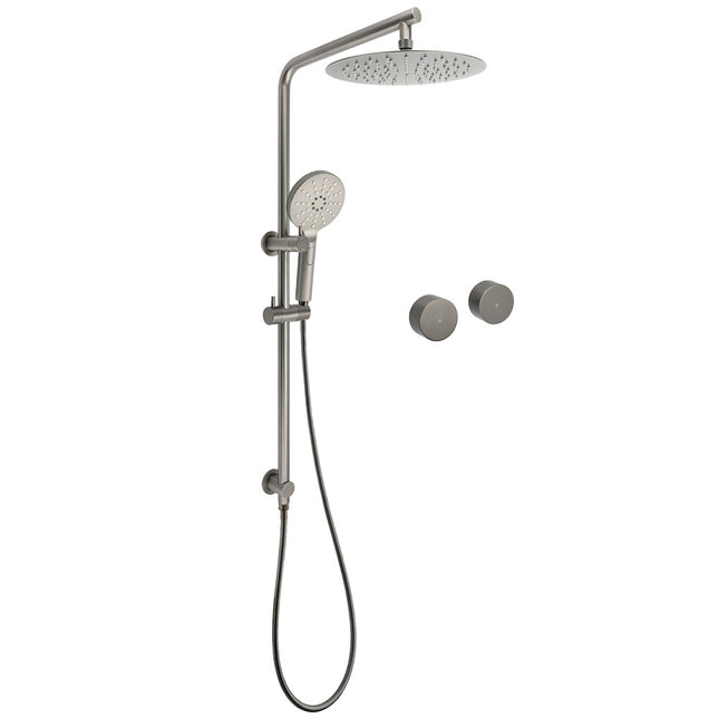WELS Gun Metal Round 10" Twin Shower Head 3 Modes Handheld Slide Rail Hot Cold Taps Set.