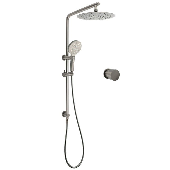 WELS Gun Metal Round 10" Twin Shower Head 3 Modes Handheld Slide Rail Arm Diverter Mixer Set.