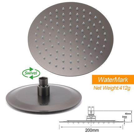 Gun Metal Round 8" Rainfall Shower Head + High Rise Gooseneck Wall Arm Bath Set.