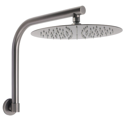 Gun Metal Round 12" Rainfall Shower Head + High Rise Gooseneck Wall Arm Bath Set.