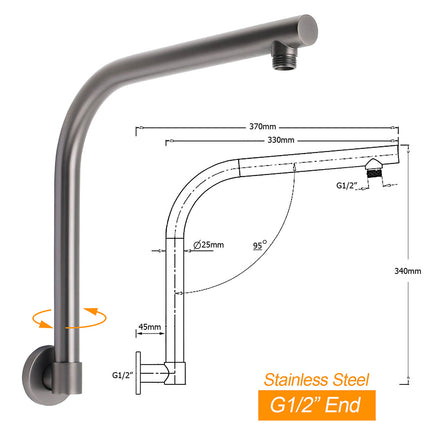 Gun Metal Round 12" Rainfall Shower Head + High Rise Gooseneck Wall Arm Bath Set.