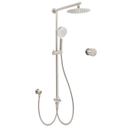 Brushed Nickel 8" Thin Rain Head Twin Shower Handheld Sliding Rail Arm Set With Mixer.