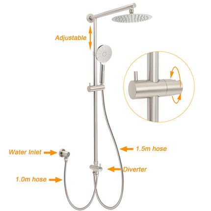 Brushed Nickel 8" Thin Rain Head Twin Shower Handheld Sliding Rail Arm Set With Mixer.