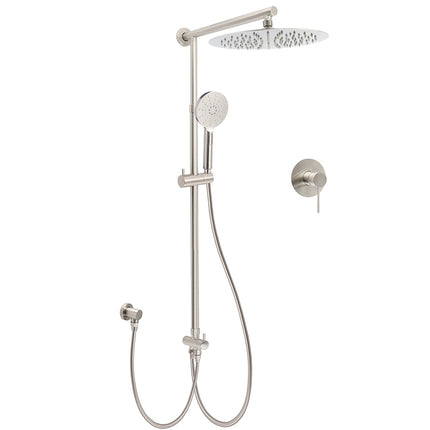 Brushed Nickel Round 12" Rainfall Head Shower Handheld Sliding Rail Arm Mixer 2in1 Set.