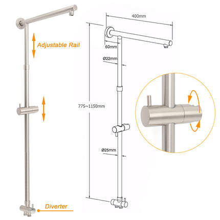 Brushed Nickel Round 12" Rainfall Head Shower Handheld Sliding Rail Arm Mixer 2in1 Set.
