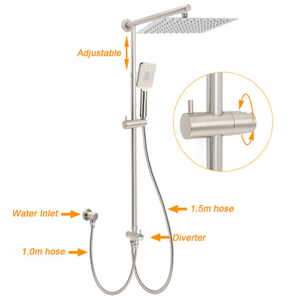 Brushed Nickel 2in1 Square 12" Thin Rainfall Head Shower 3 Modes Handheld Sliding Rail Arm Set.