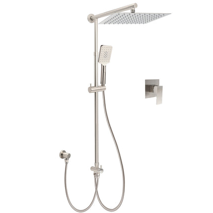 WELS Brushed Nickel 12" Rain Head Shower Square 3 Modes Handheld Sliding Rail Arm Mixer Dual Set.