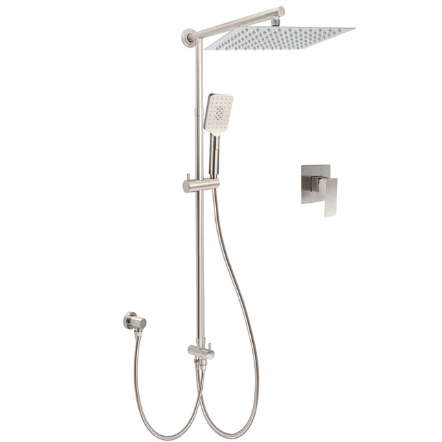 WELS Brushed Nickel 12" Rain Head Shower Square 3 Modes Handheld Sliding Rail Arm Mixer Dual Set.
