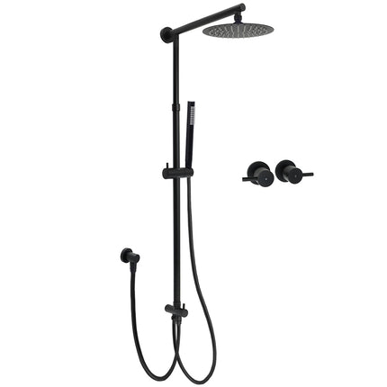 WELS Matt Black 2in1 Shower 8" Round Head Set Sliding Rail Single Mode Handheld + Twin Taps.