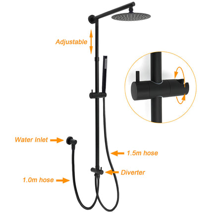 WELS Matt Black 2in1 Shower 8" Round Head Set Sliding Rail Single Mode Handheld + Twin Taps.