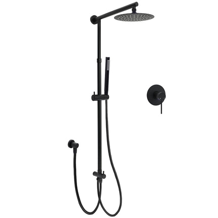 WELS Matt Black Twin Shower 8" Round Rain Head Set Sliding Rail Single Mode Handheld + Mixer.