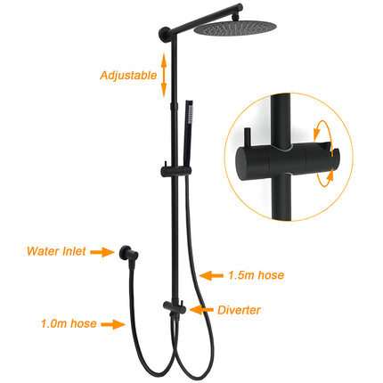 Matt Black Dual Round Shower Set 10" Rain Head Metal Handheld Sliding Rail Arm Diverter.