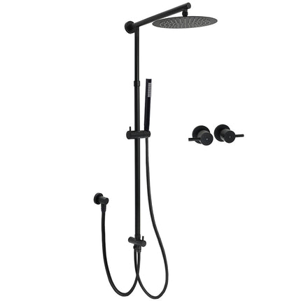 Matt Black Round Dual Shower Set 10" Rain Head Metal Handheld Sliding Rail Arm Twin Taps.