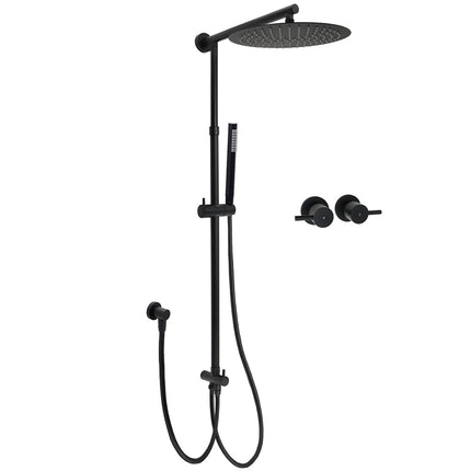 WELS Matt Black Dual 12" Round Shower Head Set Metal Handheld Rail Wall Arm Elbow Inlet Twin Taps.