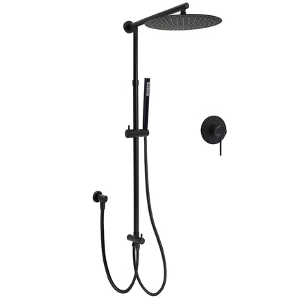WELS Matt Black Twin Round 12" Shower Head Set Metal Handheld Flexible Rail Wall Arm Mixer.