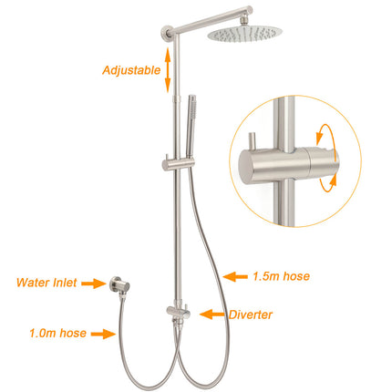 Brushed Nickel 2in1 Round 8inch Stainless Steel Rain Head Shower Handheld Sliding Rail Arm Set.