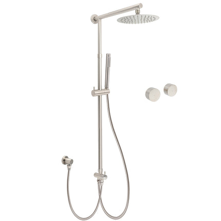 Brushed Nickel Round 8" Rain Head Shower Stainless Steel Handheld Sliding Rail Arm Chrome Set + Twin Taps.