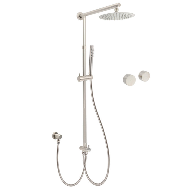 Brushed Nickel Round 8" Rain Head Shower Stainless Steel Handheld Sliding Rail Arm Chrome Set + Twin Taps.
