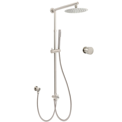 Brushed Nickel 8" Thin Rain Head Twin Shower Metal Handheld Rose Sliding Rail Arm Set With Mixer.