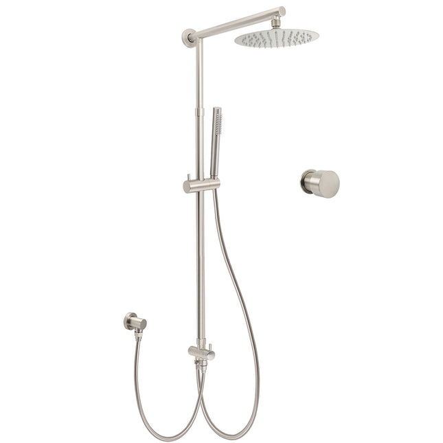 Brushed Nickel 8" Thin Rain Head Twin Shower Metal Handheld Rose Sliding Rail Arm Set With Mixer.
