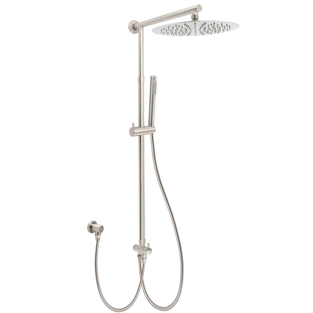 Brushed Nickel Dual Round 12" Stainless Steel Rain Shower Head Metal Handheld Sliding Rail Arm Set.