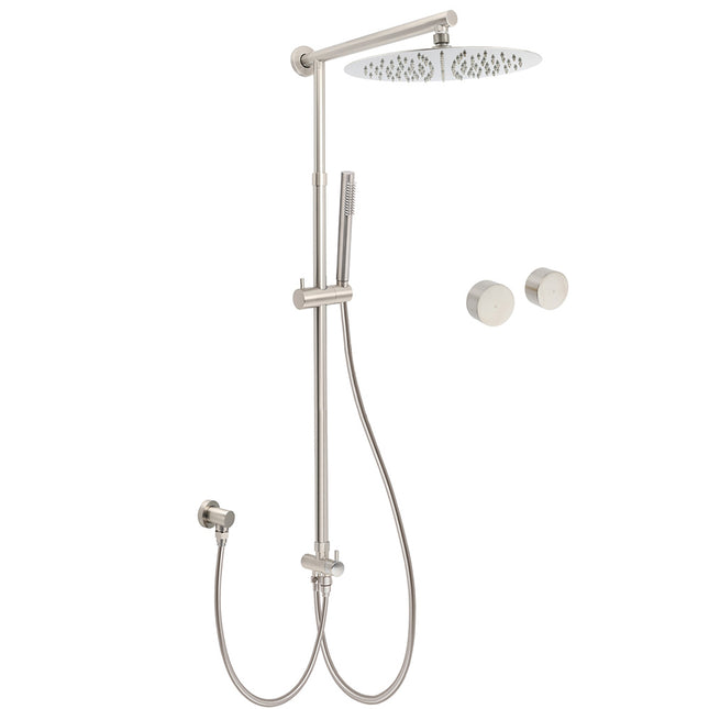 Brushed Nickel Round 12" SUS Rain Head Metal Handheld Shower Sliding Rail Arm Chrome Set + Twin Taps.