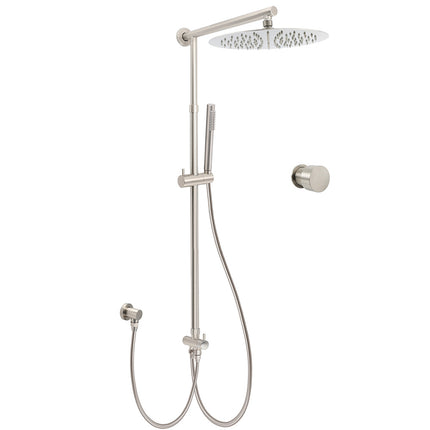 Brushed Nickel 12" Large Rain Head Twin Shower Handheld Rose Sliding Rail Arm Set With Mixer.