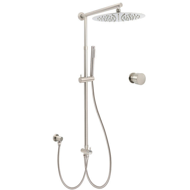 Brushed Nickel 12" Large Rain Head Twin Shower Handheld Rose Sliding Rail Arm Set With Mixer.