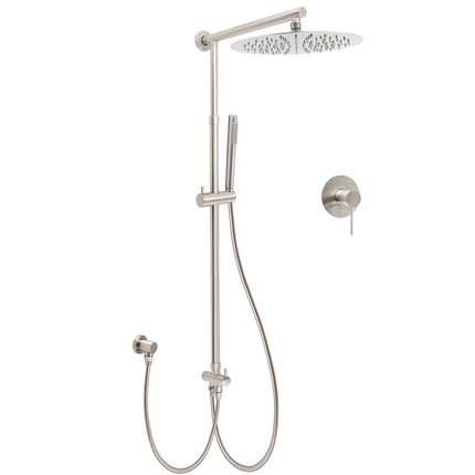 Brushed Nickel Round 12" Rain Head Shower Single Mode Handheld Sliding Rail Arm Mixer 2in1 Set.