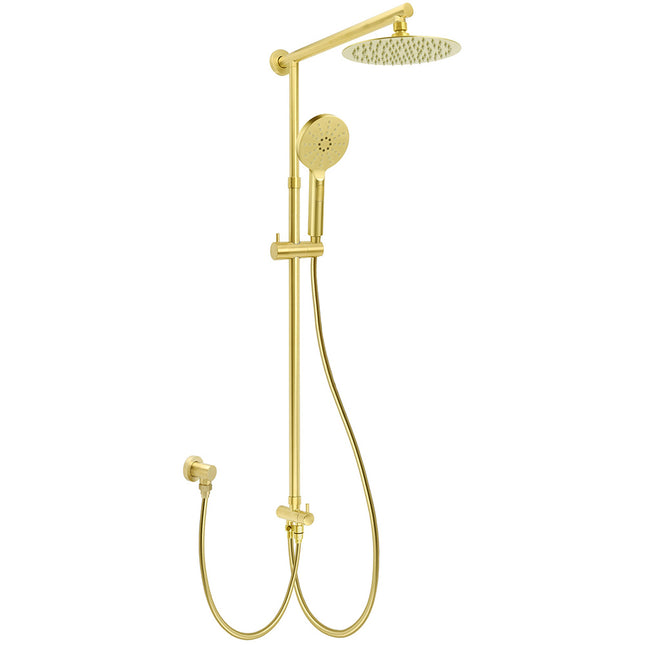 WELS Brushed Gold Twin Shower 8" Round Head Set 3 Mode Handheld Rose Sliding Rail Arm.