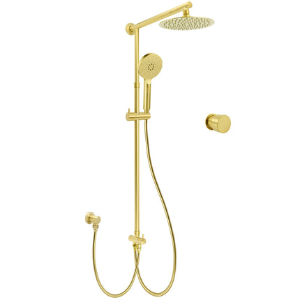 WELS Brushed Gold Dual Shower Set 8" Round Head 3 Mode Handheld Rose Sliding Rail Mixer Valve.