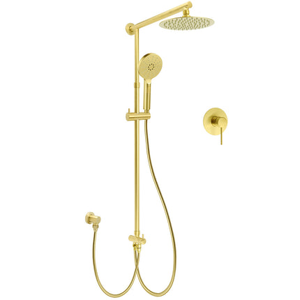 Brushed Gold Twin Shower 8" Round Head 3 Mode Handheld Rose Sliding Rail With Mixer Set.