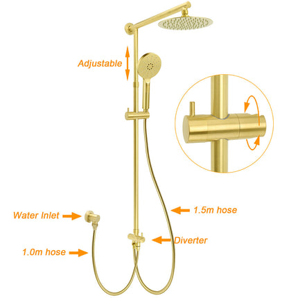 WELS Brushed Gold Shower 8" Round Head 3 Mode Handheld Rose Sliding Rail Mixer Dual Set.