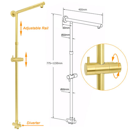 WELS Brushed Gold Shower 8" Round Head 3 Mode Handheld Rose Sliding Rail Mixer Dual Set.