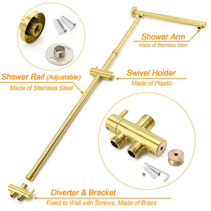 WELS Brushed Gold Shower 8" Round Head 3 Mode Handheld Rose Sliding Rail Mixer Dual Set.