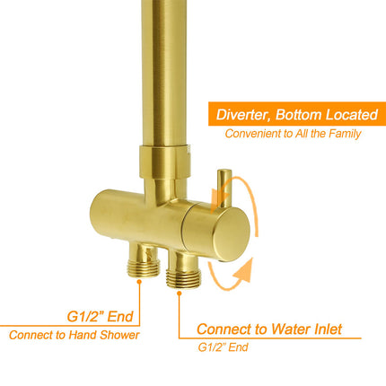WELS Brushed Gold Shower 8" Round Head 3 Mode Handheld Rose Sliding Rail Mixer Dual Set.