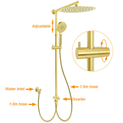 WELS Brushed Gold Large Round Shower 12" Head 3 Mode Handheld Rose Sliding Rail Arm Set.