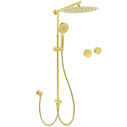 WELS Brushed Gold Rain Shower 12" Head 3 Mode Handheld Rose Sliding Rail Round Taps Set.