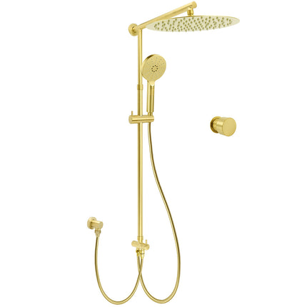 Brushed Gold Dual Round Shower 12" Top Head 3 Mode Handheld Sliding Rail Arm Mixer Valve.