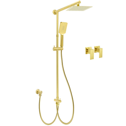 Brushed Gold Dual Square 8" Rain Shower Head 3 Mode Handheld Sliding Rail Arm Twin Taps Set.