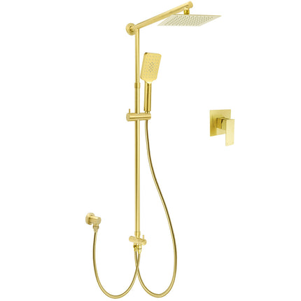 WELS Brushed Gold Square 8" Rain Shower Head 3 Mode Handheld Sliding Rail Arm Dual Mixer Set.