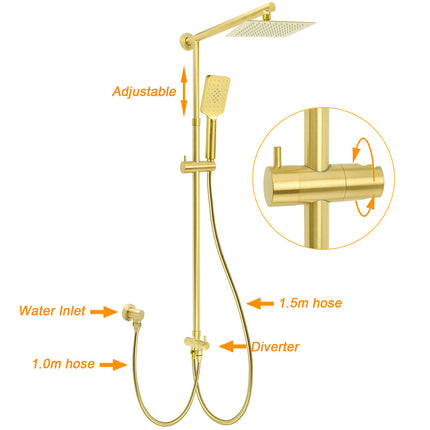 WELS Brushed Gold Square 8" Rain Shower Head 3 Mode Handheld Sliding Rail Arm Dual Mixer Set.