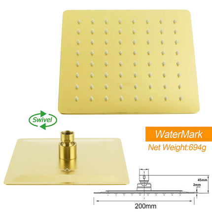 WELS Brushed Gold Square 8" Rain Shower Head 3 Mode Handheld Sliding Rail Arm Dual Mixer Set.