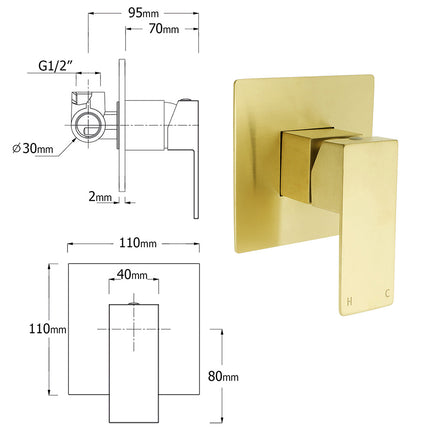 WELS Brushed Gold Square 8" Rain Shower Head 3 Mode Handheld Sliding Rail Arm Dual Mixer Set.