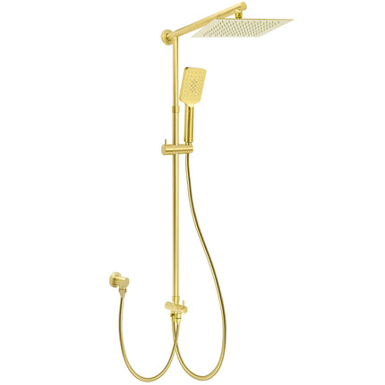 Brushed Gold Square 10" Rain Head 3 Mode Handheld Rose Sliding Rail Arm Dual Shower Set.