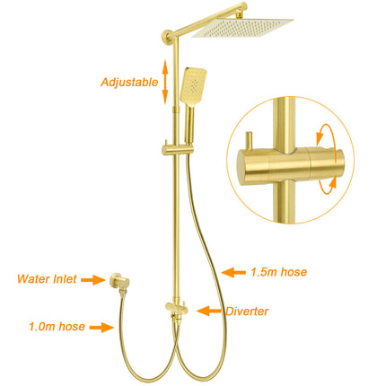 Brushed Gold Square 10" Rain Head 3 Mode Handheld Rose Sliding Rail Arm Dual Shower Set.