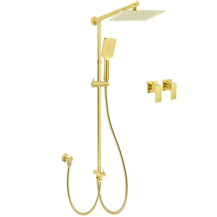 Brushed Gold Square 10" Rain Head 3 Mode Handheld Sliding Rail Wall Arm Dual Shower Taps Set.